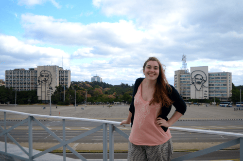 American girl on plaza de la revolucion in Havana Cuba